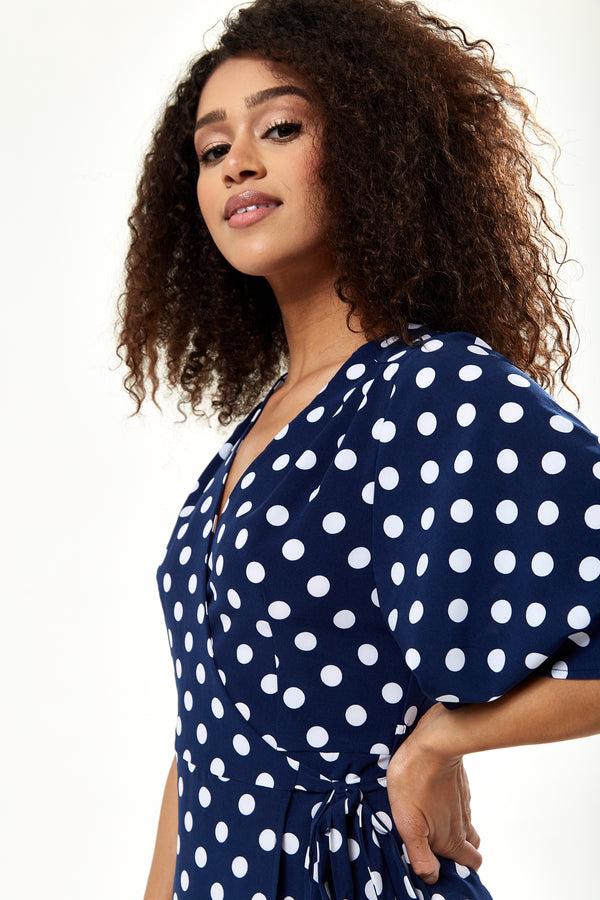 Liquorish Women's Midi Wrap Dress In Navy With Kimono Sleeves - Chic Big Polka Dot Design By Liquorish