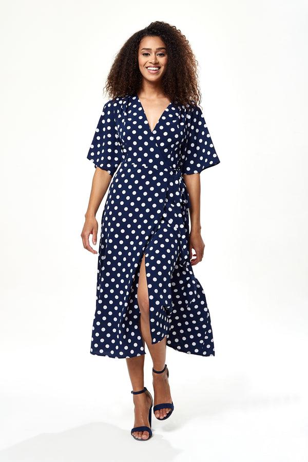 Liquorish Women's Midi Wrap Dress in Navy with Kimono Sleeves - Chic Big Polka Dot Design by Liquorish
