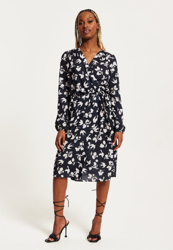 Liquorish Women's Midi Wrap Dress In Navy With Long Sleeves And Floral & Bird Print - Chic Style By Liquorish