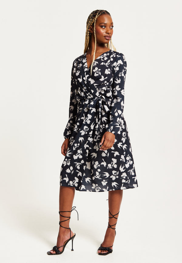 Liquorish Women's Midi Wrap Dress In Navy With Long Sleeves And Floral & Bird Print - Chic Style By Liquorish
