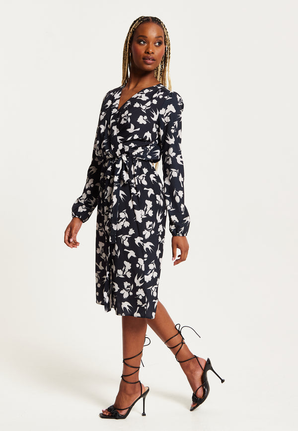 Liquorish Women's Midi Wrap Dress In Navy With Long Sleeves And Floral & Bird Print - Chic Style By Liquorish