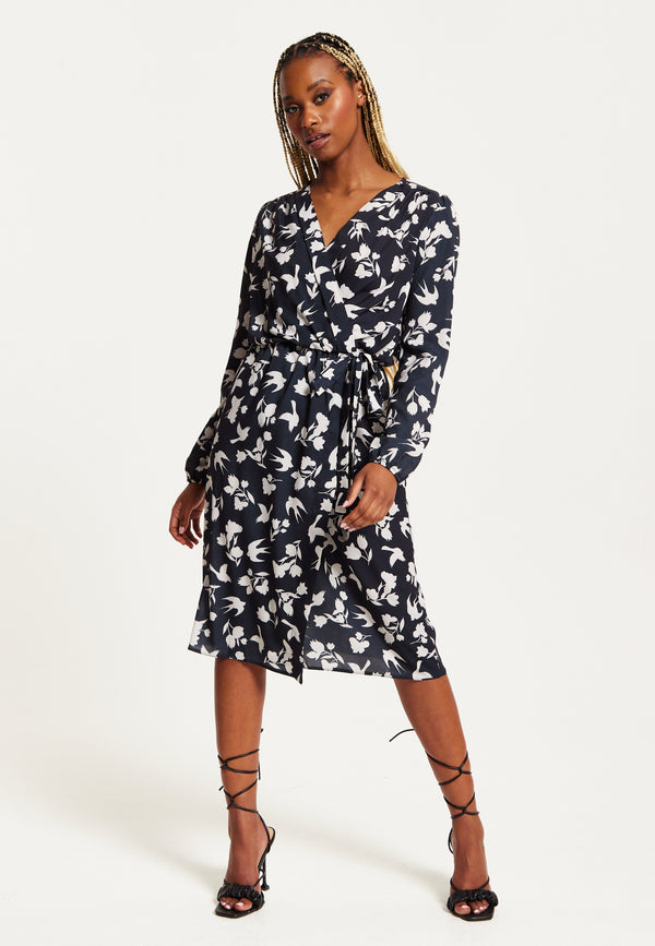 Liquorish Women's Midi Wrap Dress in Navy with Long Sleeves and Floral & Bird Print - Chic Style by Liquorish