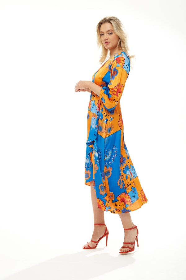 Liquorish Women's Midi Wrap Dress In Orange & Blue Floral Print With Balloon Sleeves - Asymmetric Style - Luxe Liquorish