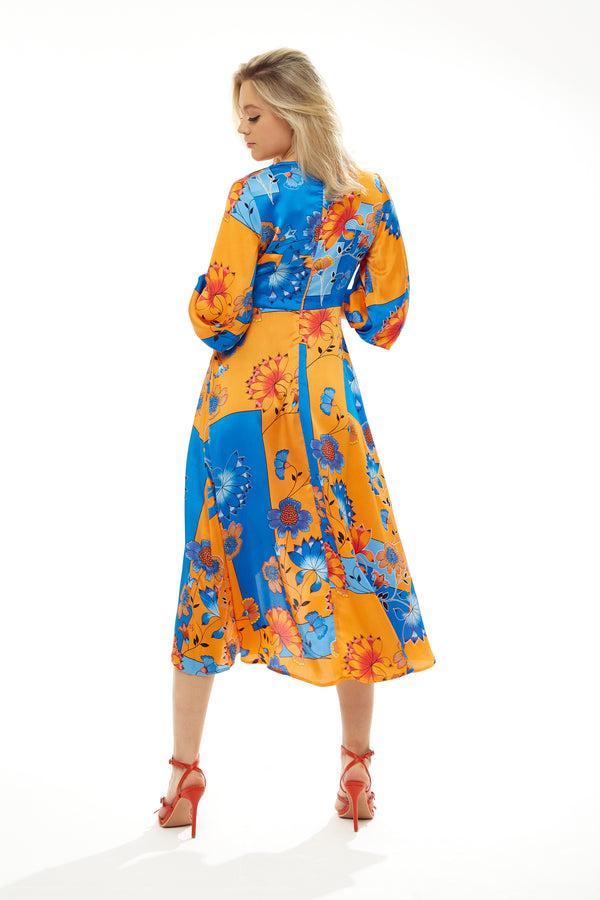 Liquorish Women's Midi Wrap Dress In Orange & Blue Floral Print With Balloon Sleeves - Asymmetric Style - Luxe Liquorish