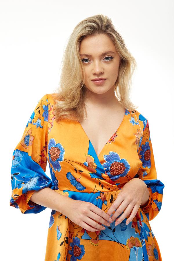 Liquorish Women's Midi Wrap Dress In Orange & Blue Floral Print With Balloon Sleeves - Asymmetric Style - Luxe Liquorish