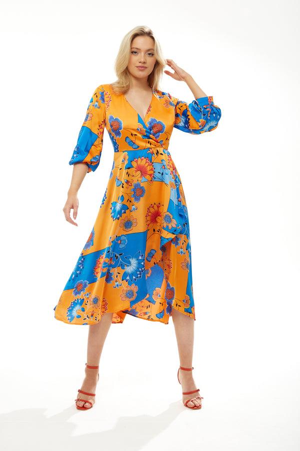 Liquorish Women's Midi Wrap Dress in Orange & Blue Floral Print with Balloon Sleeves - Asymmetric Style - Luxe Liquorish