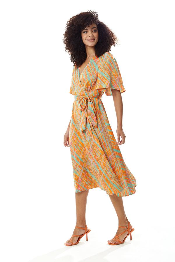 Liquorish Women's Midi Wrap Dress In Orange Scribble Print With V Neck And Kimono Sleeves - Perfect For Weddings By Liquorish