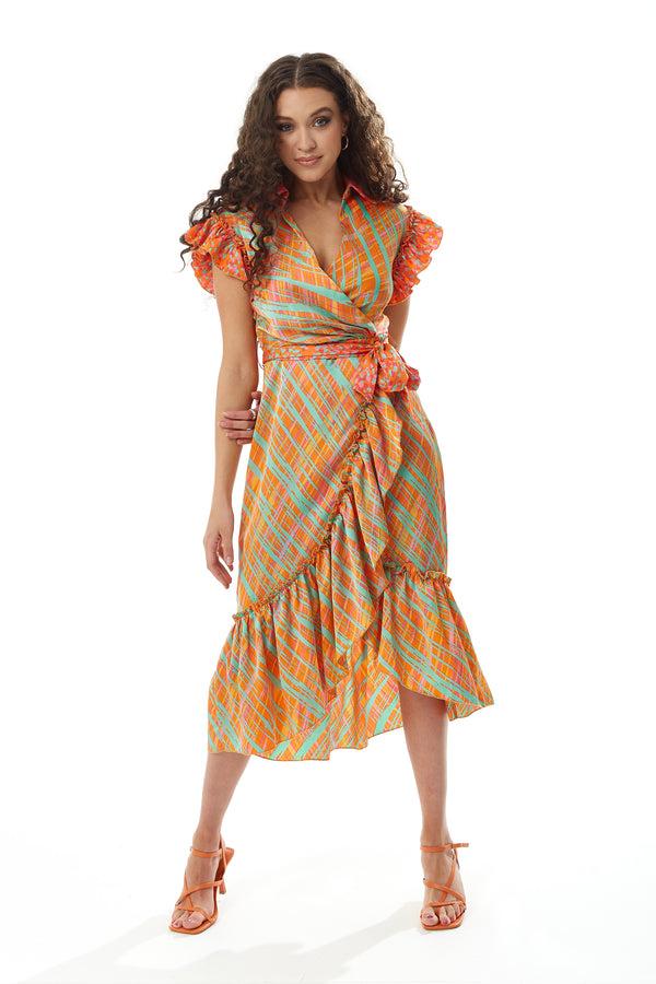 Liquorish Women's Midi Wrap Dress In Orange Scribble Print With Frill Short Sleeves And Tie Waist - Elegant Wedding Style By Liquorish