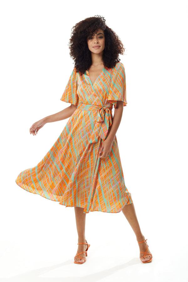 Liquorish Women's Midi Wrap Dress In Orange Scribble Print With V Neck And Kimono Sleeves - Perfect For Weddings By Liquorish