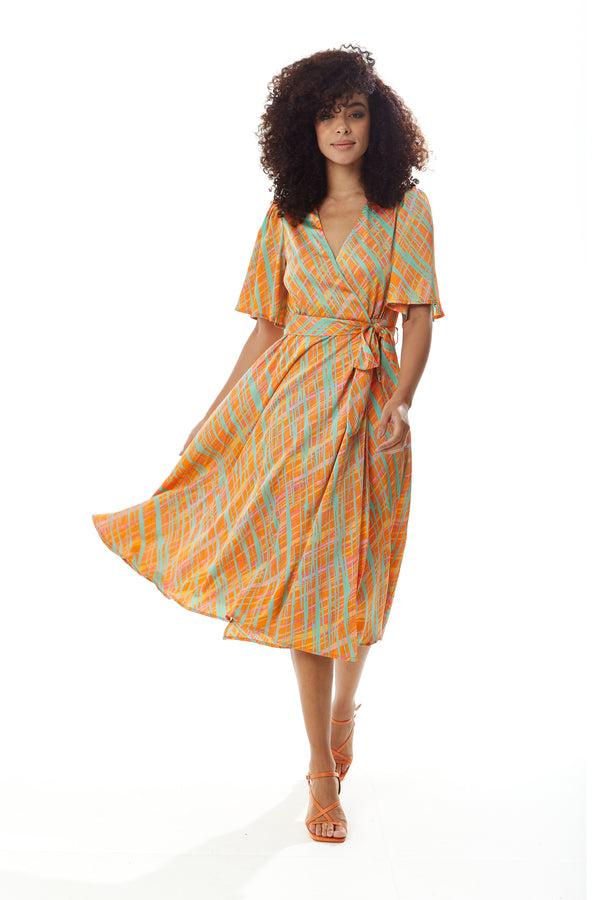 Liquorish Women's Midi Wrap Dress in Orange Scribble Print with V Neck and Kimono Sleeves - Perfect for Weddings by Liquorish