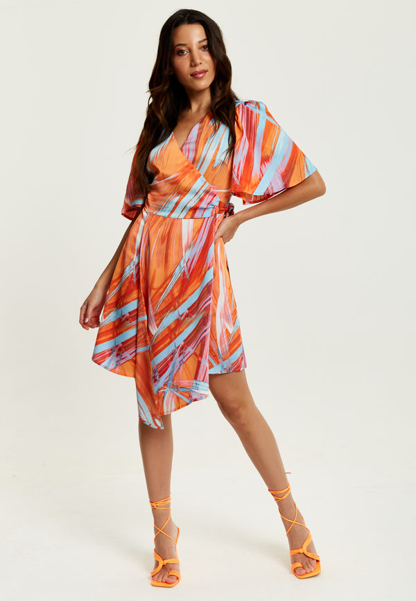 Liquorish Women's Midi Wrap Dress In Orange With V Neck Kimono Sleeves And Abstract Print - Stylish Design By Liquorish