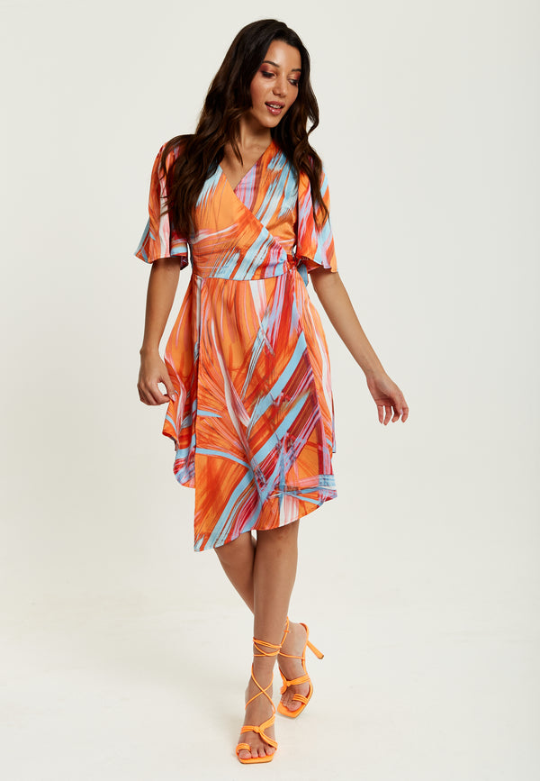 Liquorish Women's Midi Wrap Dress In Orange With V Neck Kimono Sleeves And Abstract Print - Stylish Design By Liquorish