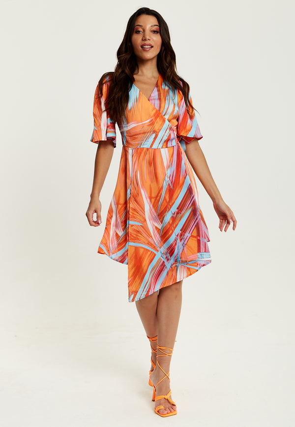 Liquorish Women's Midi Wrap Dress in Orange with V Neck Kimono Sleeves and Abstract Print - Stylish Design by Liquorish