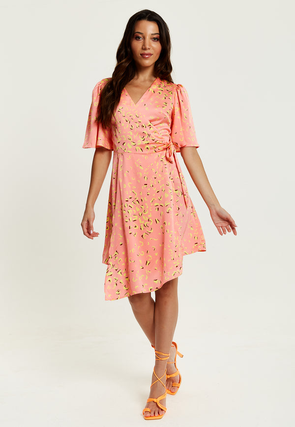 Liquorish Women's Midi Wrap Dress In Peach With V-Neck Side Tie Kimono Sleeves - Stylish And Comfortable By Liquorish
