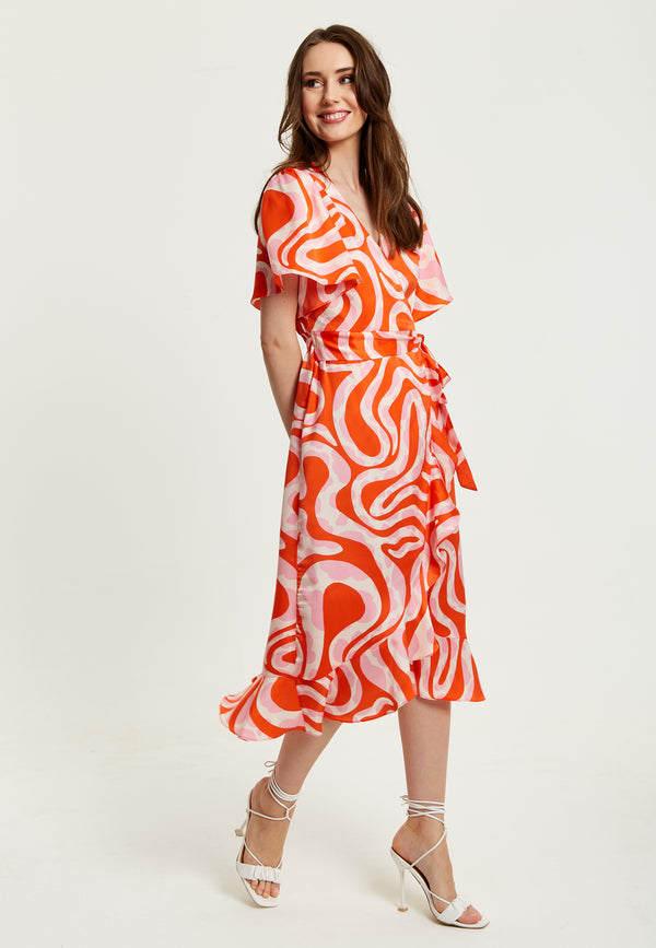 Liquorish Women's Midi Wrap Dress In Pink And Red Abstract Print With Short Sleeves - Flattering V Neck And Tie Waist By Liquorish
