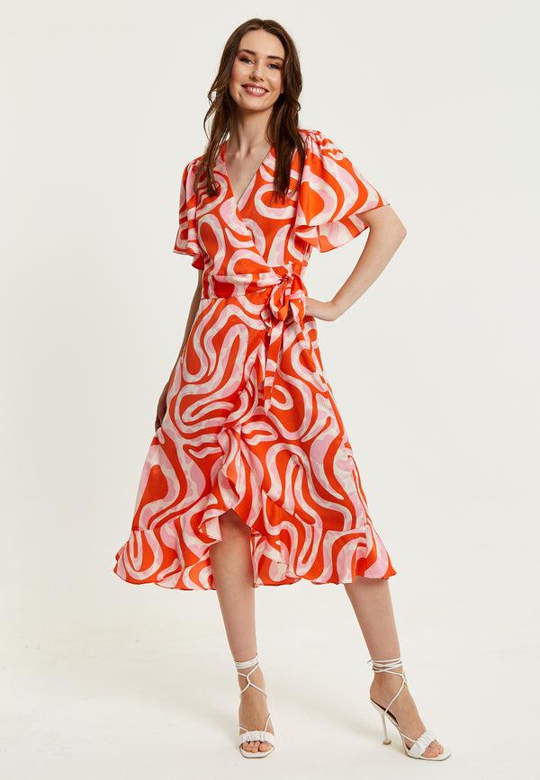 Liquorish Women's Midi Wrap Dress In Pink And Red Abstract Print With Short Sleeves - Flattering V Neck And Tie Waist By Liquorish