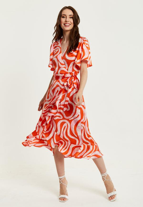 Liquorish Women's Midi Wrap Dress In Pink And Red Abstract Print With Short Sleeves - Flattering V Neck And Tie Waist By Liquorish