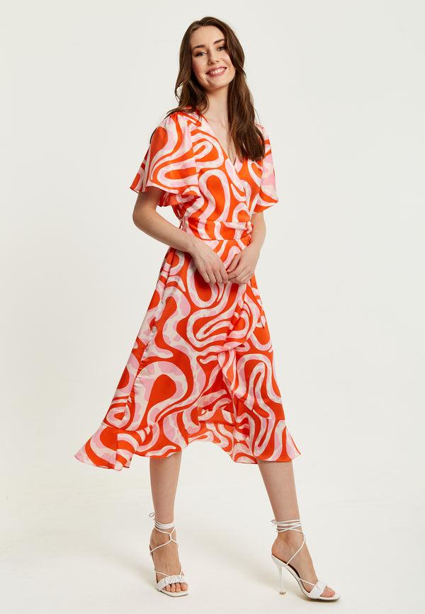 Liquorish Women's Midi Wrap Dress in Pink and Red Abstract Print with Short Sleeves - Flattering V Neck and Tie Waist by Liquorish