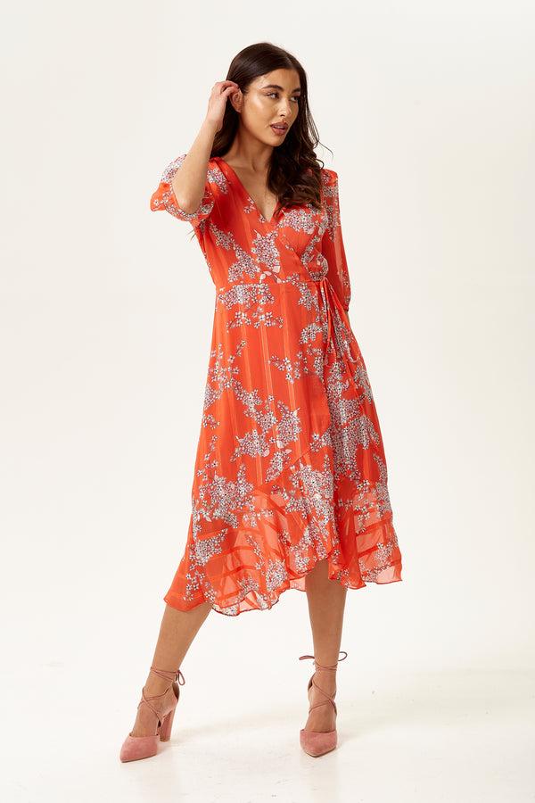 Liquorish Women's Midi Wrap Dress In Red Floral Print With Short Sleeves - Elegant Design By Liquorish