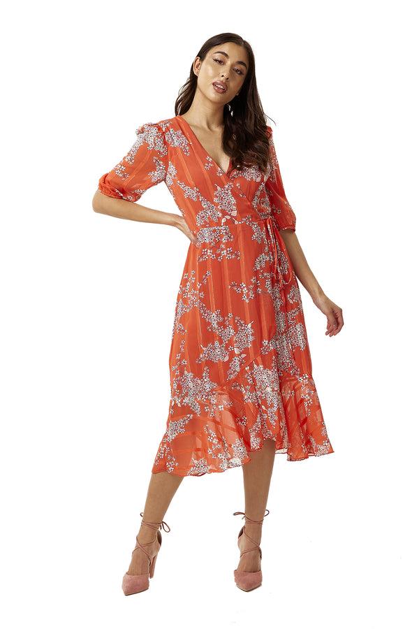 Liquorish Women's Midi Wrap Dress in Red Floral Print with Short Sleeves - Elegant Design by Liquorish