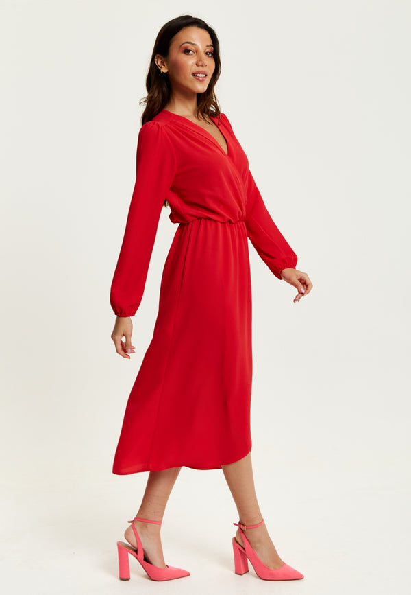 Liquorish Women's Midi Wrap Dress In Red With Long Sleeves And V Neck - Regular Fit By Liquorish