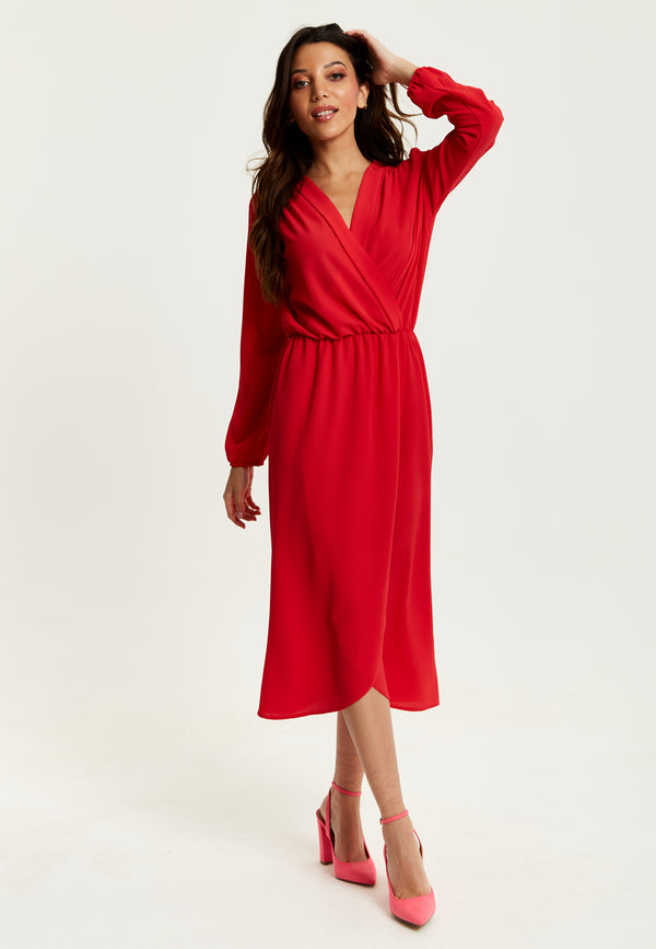 Liquorish Women's Midi Wrap Dress In Red With Long Sleeves And V Neck - Regular Fit By Liquorish