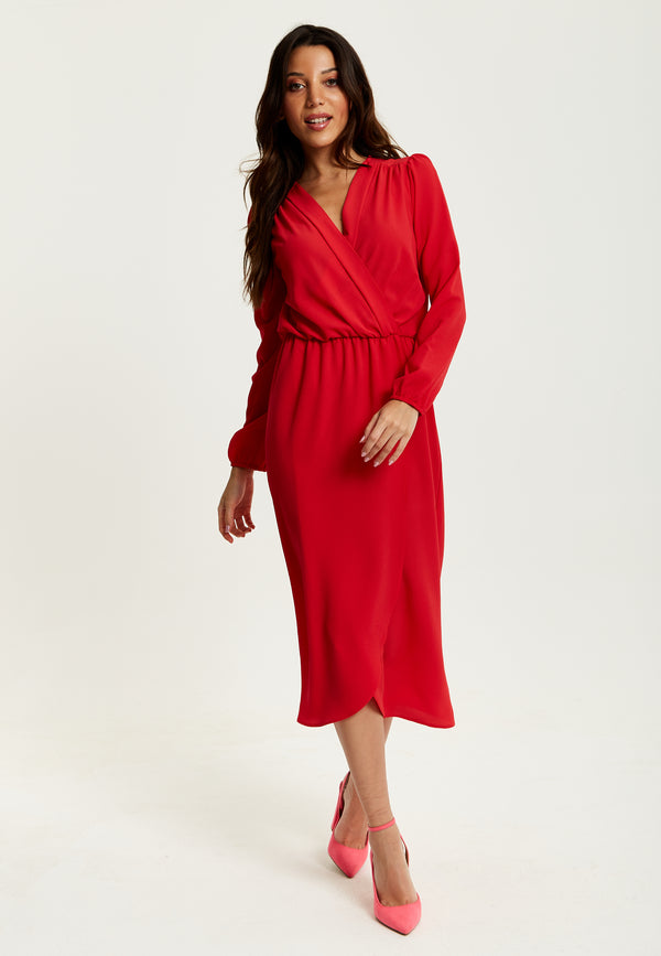 Liquorish Women's Midi Wrap Dress In Red With Long Sleeves And V Neck - Regular Fit By Liquorish