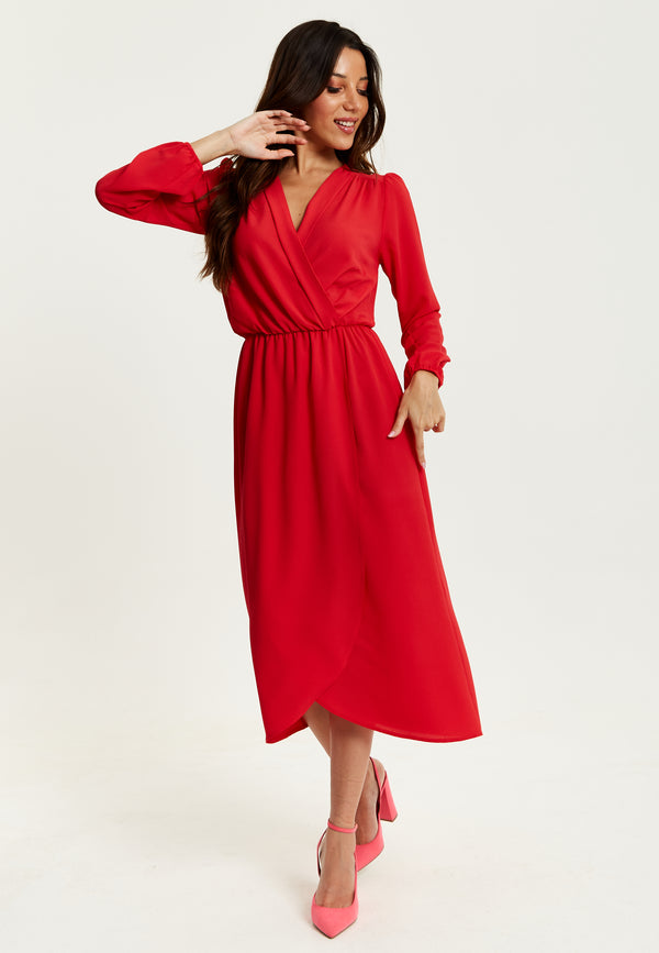 Liquorish Women's Midi Wrap Dress in Red with Long Sleeves and V Neck - Regular Fit by Liquorish