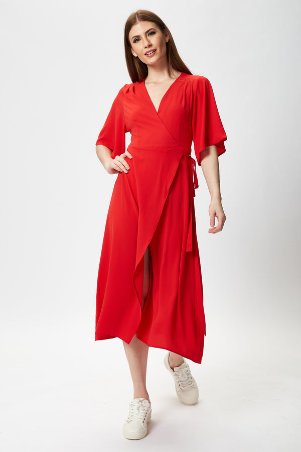 Liquorish Women's Midi Wrap Dress In Red With Short Kimono Sleeves - Adjustable Tie Waist And V-Neckline By Liquorish