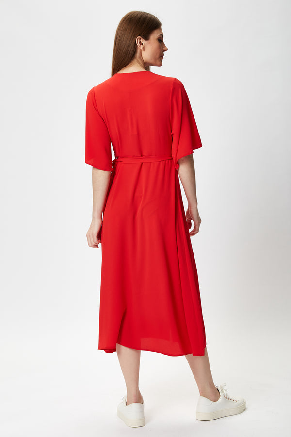 Liquorish Women's Midi Wrap Dress In Red With Short Kimono Sleeves - Adjustable Tie Waist And V-Neckline By Liquorish