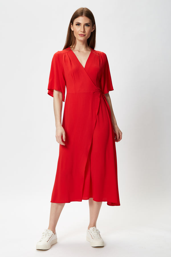 Liquorish Women's Midi Wrap Dress in Red with Short Kimono Sleeves - Adjustable Tie Waist and V-Neckline by Liquorish
