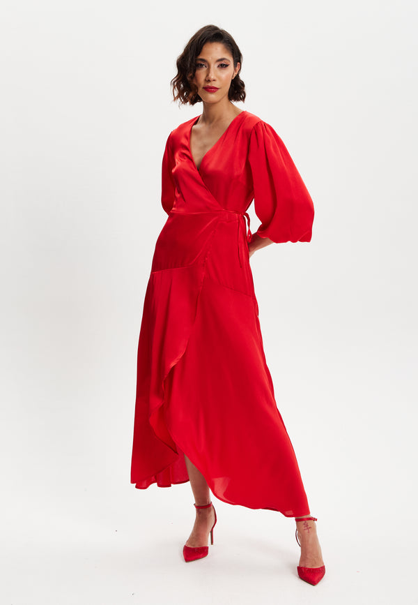 Liquorish Women's Midi Wrap Dress In Red With Short Puff Sleeves - Elegant Design For Any Occasion By Liquorish