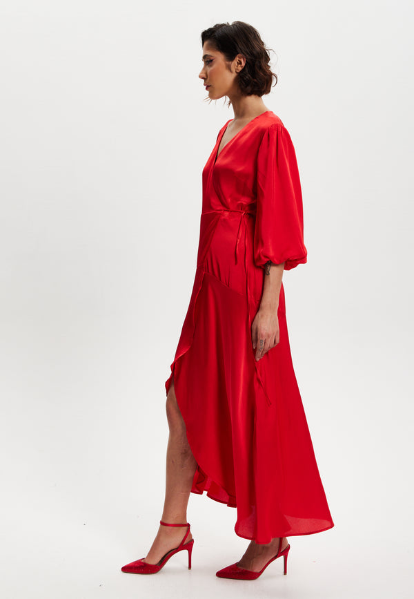 Liquorish Women's Midi Wrap Dress In Red With Short Puff Sleeves - Elegant Design For Any Occasion By Liquorish