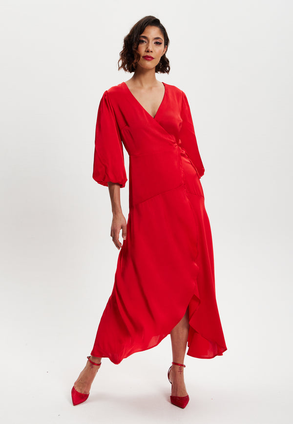 Liquorish Women's Midi Wrap Dress in Red with Short Puff Sleeves - Elegant Design for Any Occasion by Liquorish