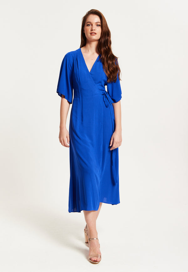 Liquorish Women's Midi Wrap Dress In Royal Blue With Kimono Sleeves And Matching Tie Waist - Liquorish
