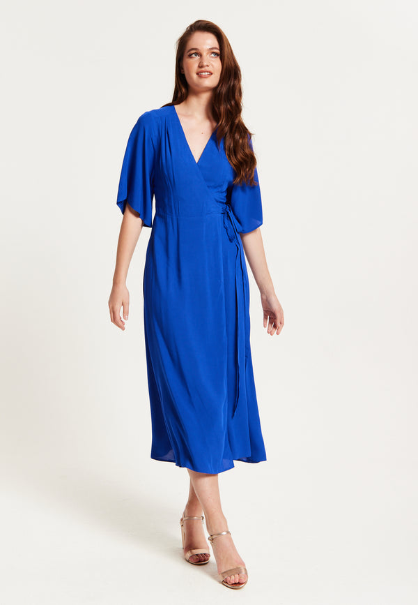 Liquorish Women's Midi Wrap Dress In Royal Blue With Kimono Sleeves And Matching Tie Waist - Liquorish
