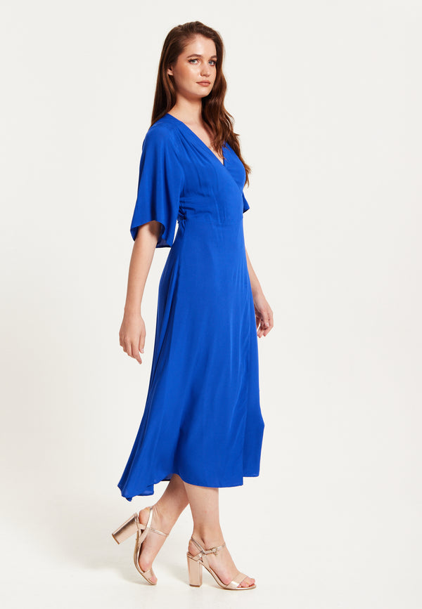 Liquorish Women's Midi Wrap Dress In Royal Blue With Kimono Sleeves And Matching Tie Waist - Liquorish