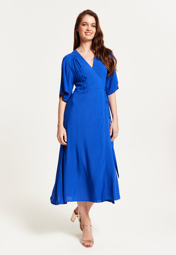 Liquorish Women's Midi Wrap Dress in Royal Blue with Kimono Sleeves and Matching Tie Waist - Liquorish