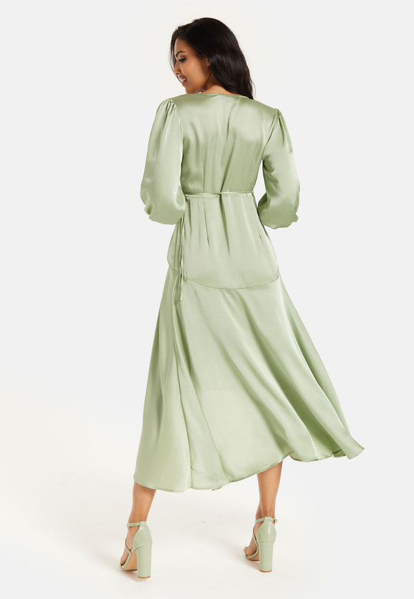 Liquorish Women's Midi Wrap Dress In Sage Green With Short Puff Sleeves - Elegant Style And Comfort By Liquorish