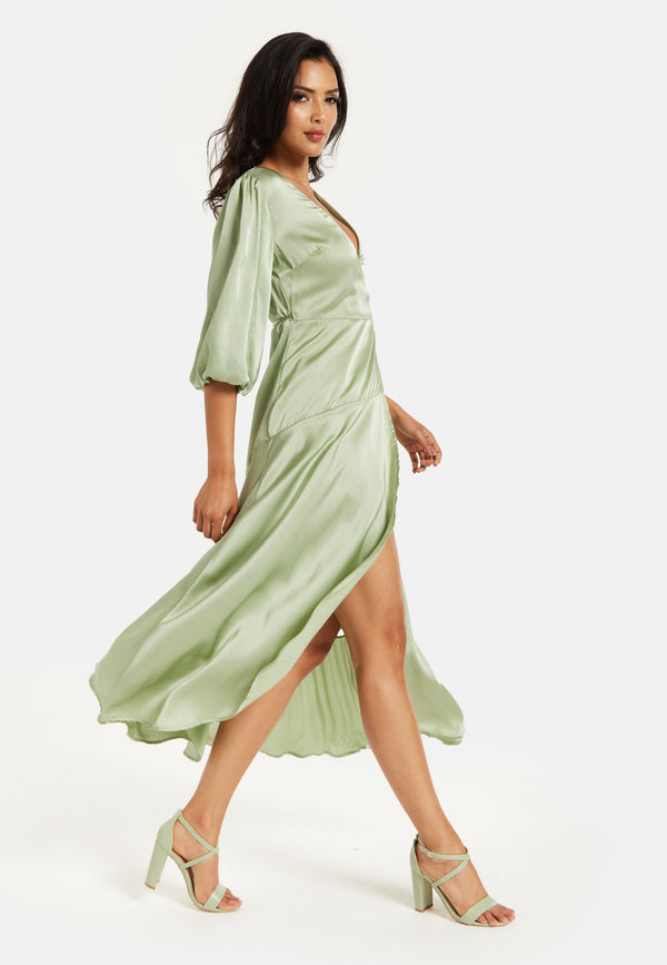 Liquorish Women's Midi Wrap Dress In Sage Green With Short Puff Sleeves - Elegant Style And Comfort By Liquorish