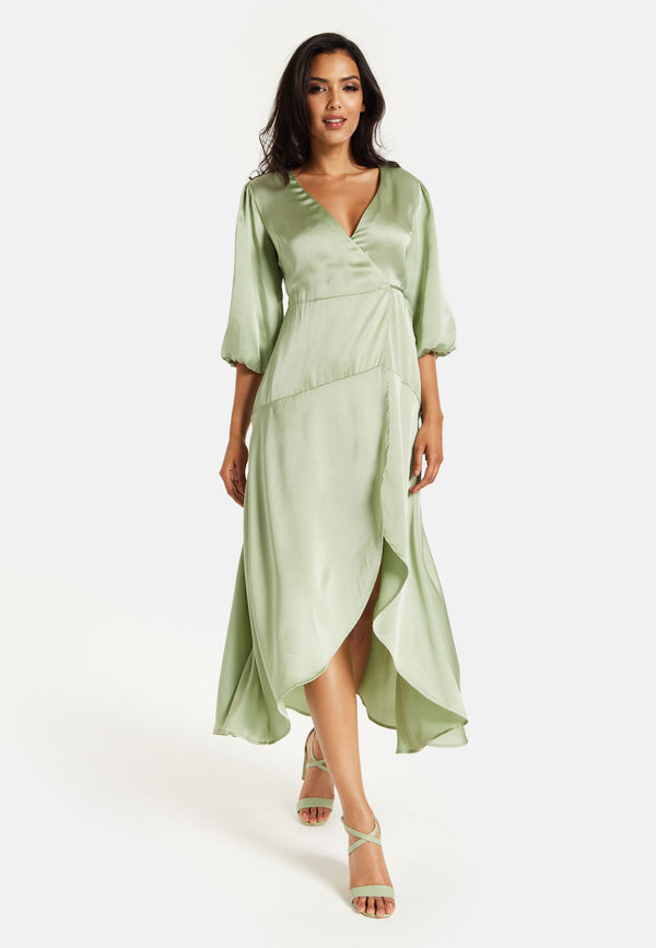 Liquorish Women's Midi Wrap Dress in Sage Green with Short Puff Sleeves - Elegant Style and Comfort by Liquorish