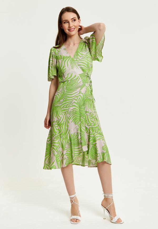 Liquorish Women's Midi Wrap Dress In Tropical Print With Short Sleeves - V Neck Regular Fit Perfect For Summer By Liquorish