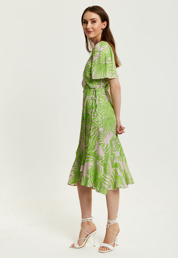 Liquorish Women's Midi Wrap Dress In Tropical Print With Short Sleeves - V Neck Regular Fit Perfect For Summer By Liquorish