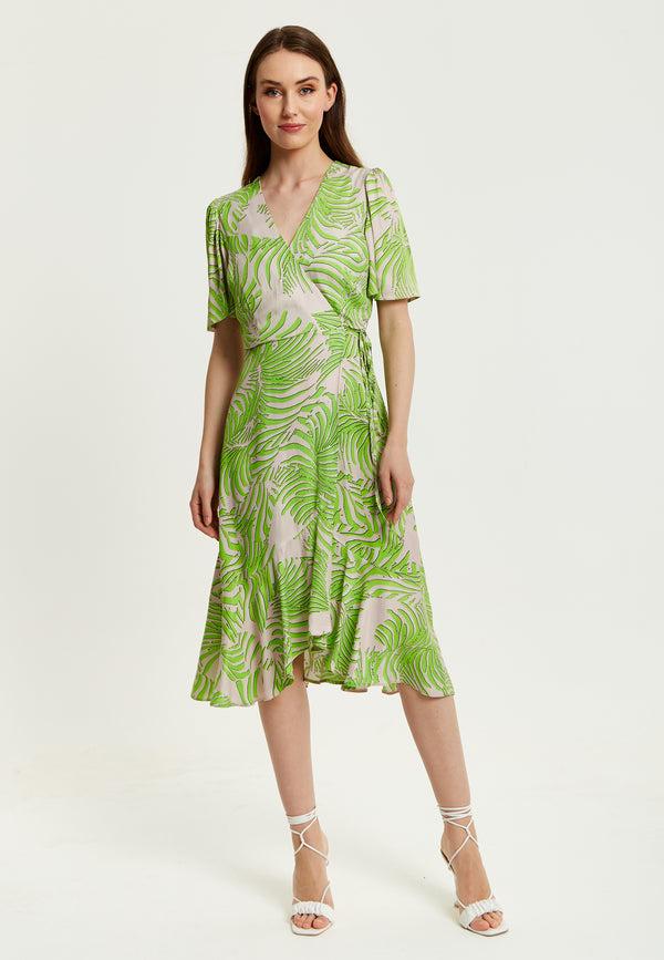 Liquorish Women's Midi Wrap Dress in Tropical Print with Short Sleeves - V Neck Regular Fit Perfect for Summer by Liquorish