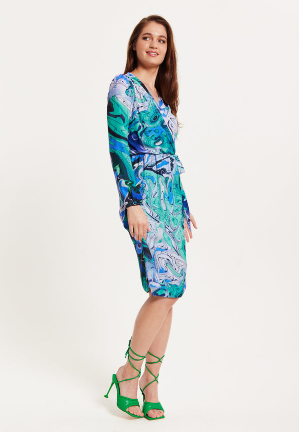 Liquorish Women's Midi Wrap Dress In Turquoise Marble Print With Long Sleeves - Elegant Design By Liquorish