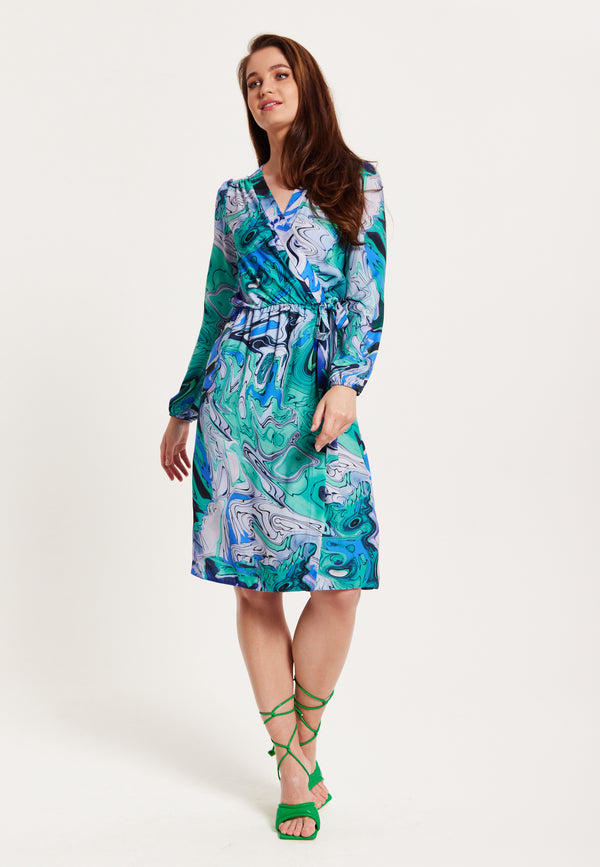 Liquorish Women's Midi Wrap Dress In Turquoise Marble Print With Long Sleeves - Elegant Design By Liquorish