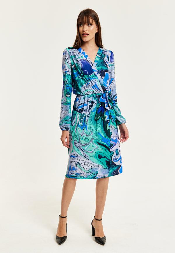 Liquorish Women's Midi Wrap Dress In Turquoise Marble Print With Long Sleeves - Elegant Design By Liquorish