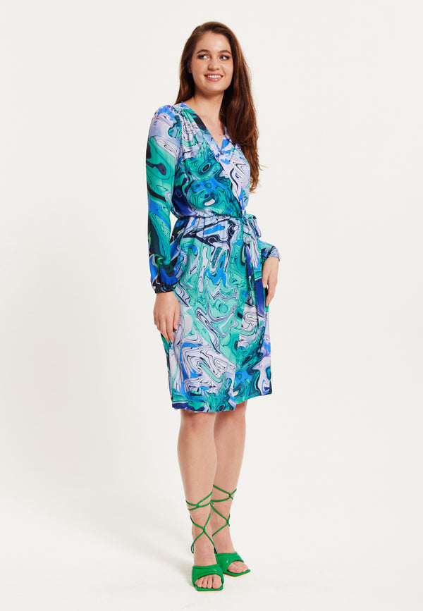 Liquorish Women's Midi Wrap Dress in Turquoise Marble Print with Long Sleeves - Elegant Design by Liquorish