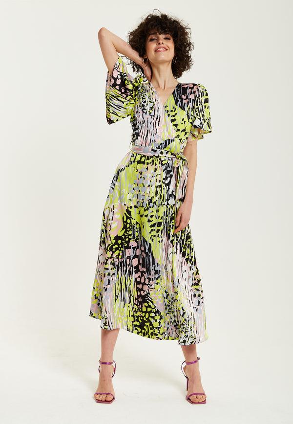 Liquorish Women's Midi Wrap Dress In Vibrant Multicolour Abstract Print With Short Sleeves - Liquorish