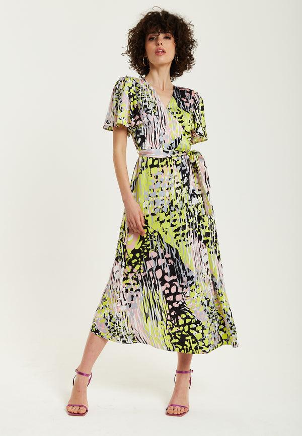 Liquorish Women's Midi Wrap Dress In Vibrant Multicolour Abstract Print With Short Sleeves - Liquorish